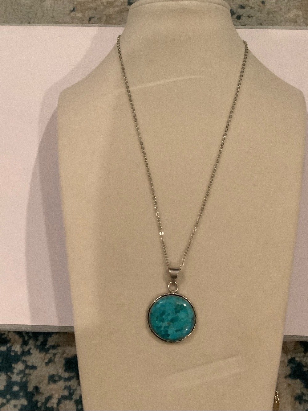 King Turquoise Stone Pendant Necklace - 18K White Gold Chain